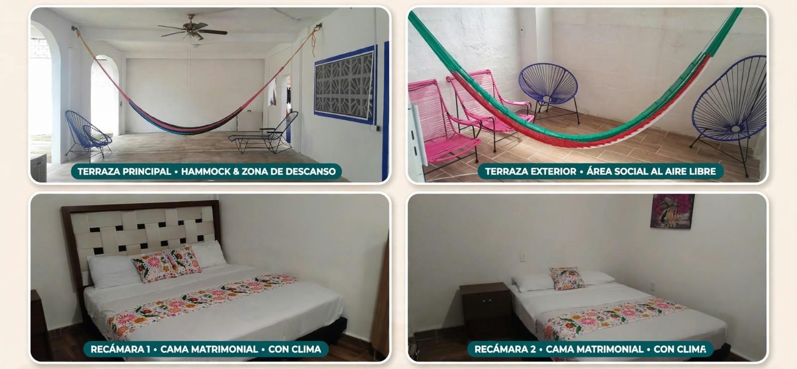 Collage original con terrazas, hamacas y habitaciones